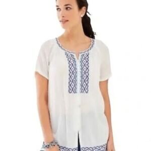 J. Jill Top Size Small White Blue Purple Embroidered Hippie Boho Tunic Top